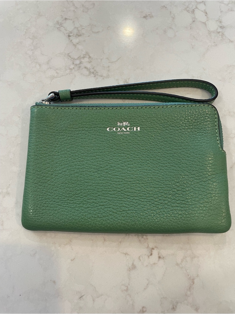 Coach Green Pebbled Leather Wristlet with Silver Logo